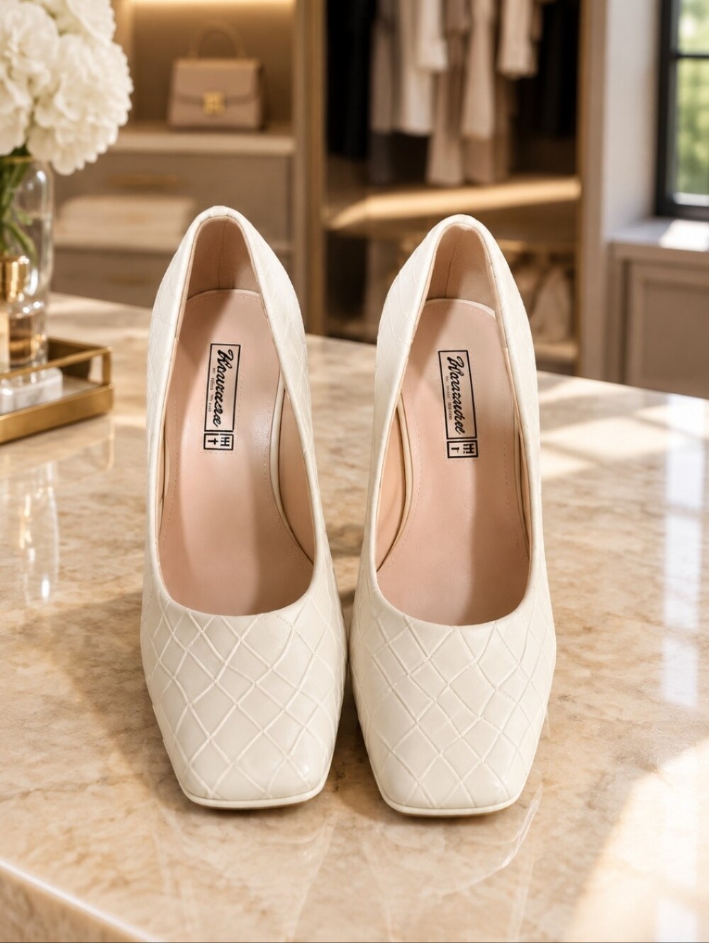 Weuxman White Quilted Block Heel Pumps Women's Size 5.5